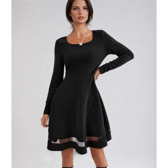 Black Mesh Insert Flare Hem Dress - Picture 1 of 7